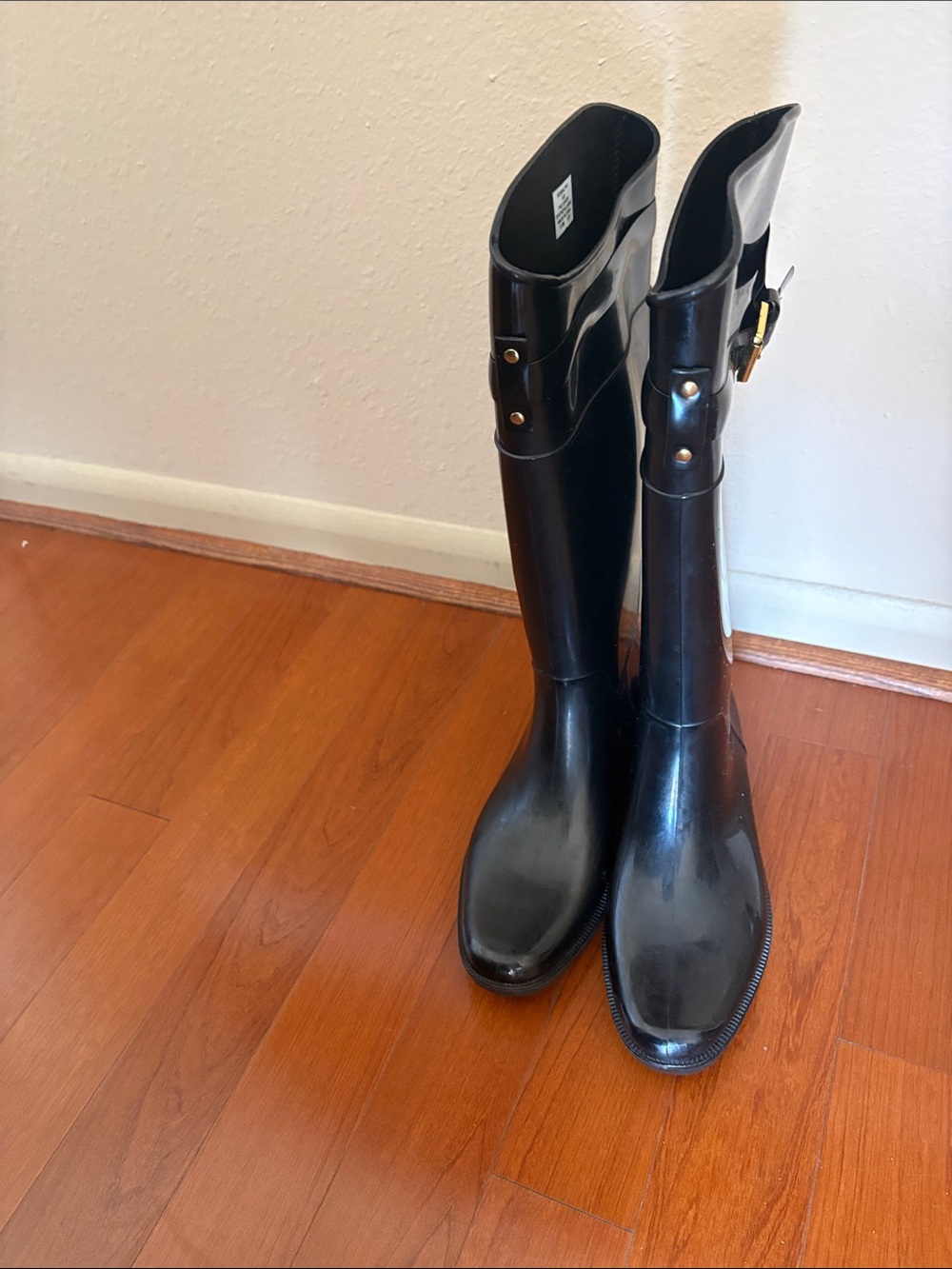 Ralph Lauren Glossy Black Tall Rain Boots with Buckle